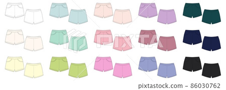 Set of technical sketch shorts pants design template. Elastic sport shorts collection. 86030762