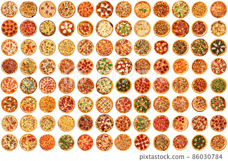 Isolated assorted variety of pizza group collage 86030784