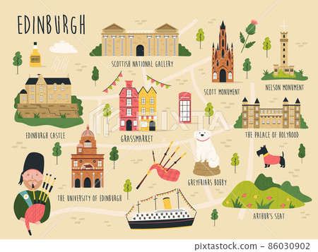 Vector illustration of map of Edinburgh with streets, symbols, famous landmarks 86030902