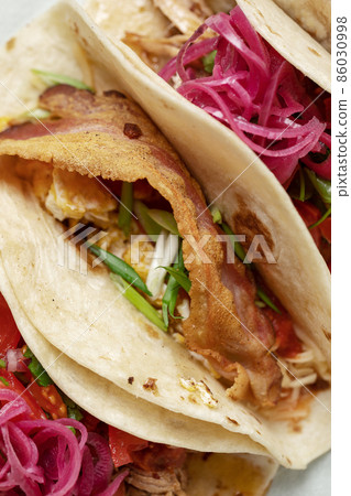 Mixed Mexican Tacos With Homemade Salsa, Limes And Parsley 86030998
