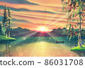 Sunny landscape with park or garden, water reflections, green grass, forest trees as pines and birches, sunlight, summer lake or pond with fisherman on vessel, birds, sun, morning nature artwork. 86031708