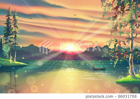 Sunny landscape with park or garden, water reflections, green grass, forest trees as pines and birches, sunlight, summer lake or pond with fisherman on vessel, birds, sun, morning nature artwork. Sunny landscape with park or garden, water reflections, green grass, forest trees as pines and birches, sunlight, summer lake or pond with fisherman on vessel, birds, sun, morning nature artwork. 86031708