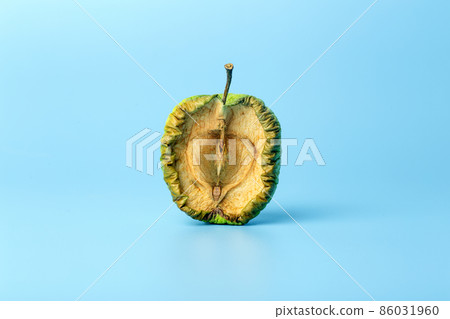 Old dried apple on a blue minimal background. Spoiled and shriveled fruits and vegetables. Old age and skin concept. Old dried apple on a blue minimal background. Spoiled and shriveled fruits and vegetables. Old age and skin concept. 86031960