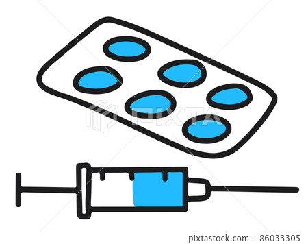 Pills and syringe with medicine doodle line drawing 86033305