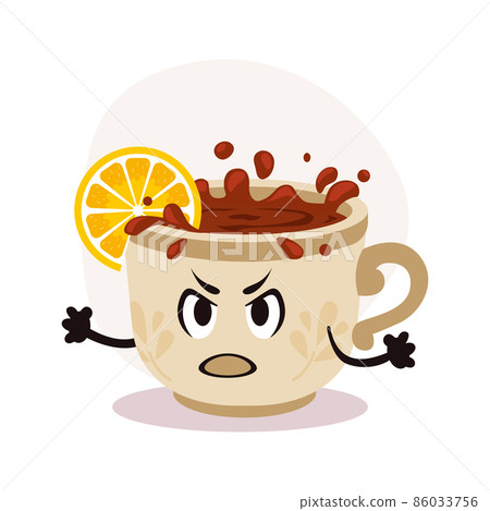 Vector white tea cup with hot drink. Tea with lemon piece. Angry cartoon character with print on surface 86033756