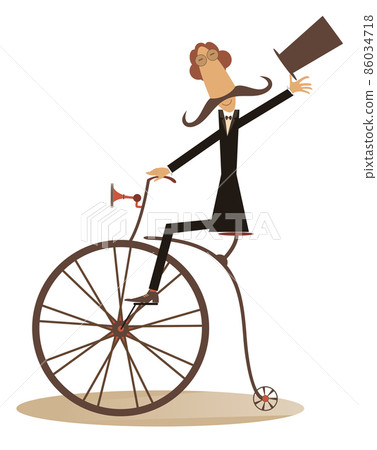 Cartoon man rides a retro bike isolated illustration. Long mustache gentleman in the top hat rides a retro bike and looks healthy and happy 86034718