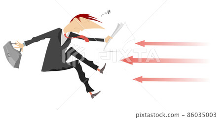 Businessman and arrow signs concept illustration. Falling man with bag and papers attacked from front  with arrow signs isolated on white 86035003