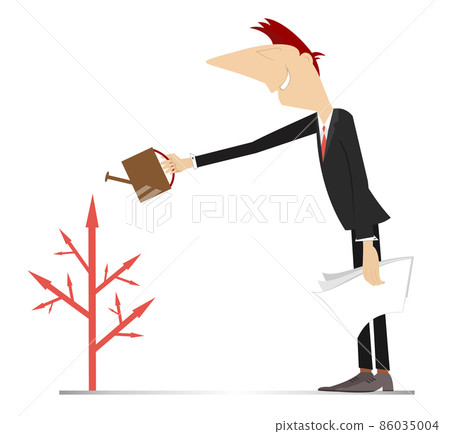 Businessman is watering a tree consists of arrow signs conceptual illustration. Smiling businessman holding papers and watering a tree consists of arrow signs from a watering pot isolated on white Businessman is watering a tree consists of arrow signs conceptual illustration. Smiling businessman holding papers and watering a tree consists of arrow signs from a watering pot isolated on white 86035004
