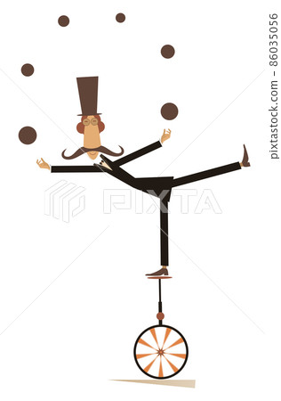 Equilibrist mustache man on the unicycle juggles the balls illustration. Funny long mustache man in the top hat balances on the unicycle and juggles the balls isolated on white illustration 86035056