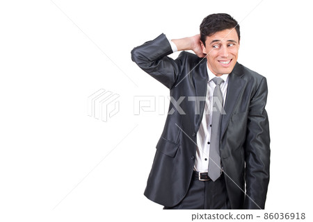 Shy man in formal wear touching head Shy man in formal wear touching head 86036918