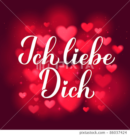 Ich liebe Dich calligraphy hand lettering in red background. I Love You in German. Valentines day typography poster. Vector template for banner, greeting card, t-shirt, logo design, flyer, etc 86037424