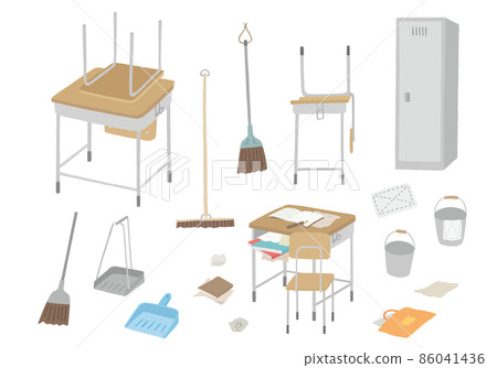 Hand-drawn illustrations (color / no outline) related to school cleaning time 86041436