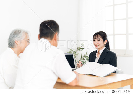 A woman in a suit and an elderly couple explained in the document A woman in a suit and an elderly couple explained in the document 86041749