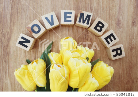 november alphabet letters with flower bouquet on wooden background 86041812