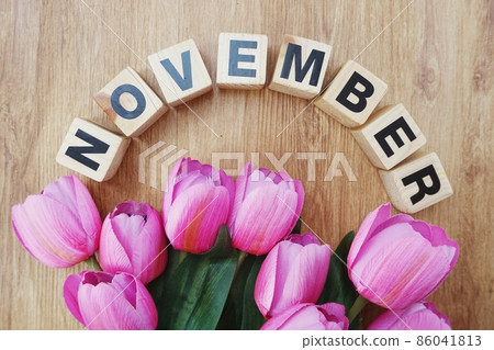 november alphabet letters with flower bouquet on wooden background 86041813