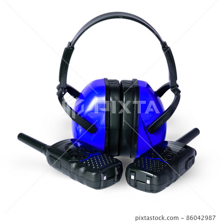 two black walkie-talkie antennas blue earmuffs,isolated on white background two black walkie-talkie antennas blue earmuffs,isolated on white background 86042987