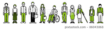 Illustrations of various people. Some people have wheelchairs and white canes. Illustrations of various people. Some people have wheelchairs and white canes. 86043868