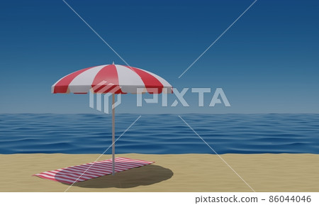 colorful umbrella and beach mat on the beach in summer.3d rendering. colorful umbrella and beach mat on the beach in summer.3d rendering. 86044046