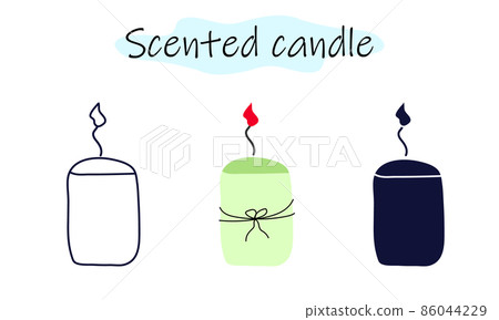Scented candle in a simple shape with a bow and flame. Vector illustration in color, linear and solid design on a white background. Scented candle in a simple shape with a bow and flame. Vector illustration in color, linear and solid design on a white background. 86044229