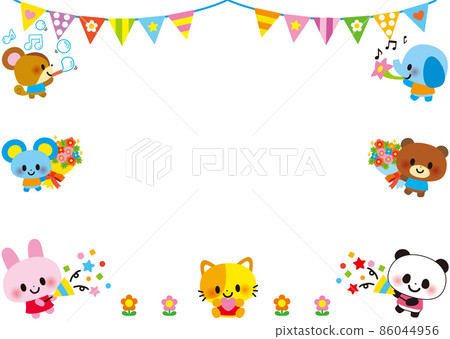動物兒童框架用餅乾、花束、喇叭和音符愉快地慶祝生日 動物兒童框架用餅乾、花束、喇叭和音符愉快地慶祝生日 86044956
