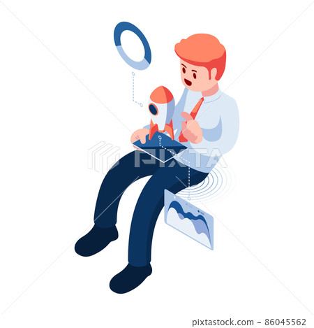 Isometric Businessman Holding Tablet with Spaceship Isometric Businessman Holding Tablet with Spaceship 86045562