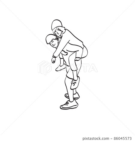 line art man taking lovely woman on piggyback ride illustration vector hand drawn isolated on white background 86045573