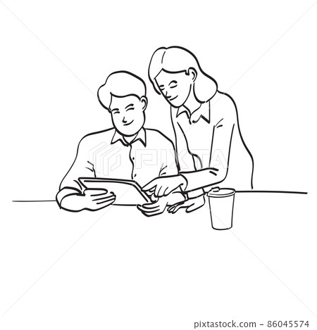 line art business people using a digital tablet together while sitting on table illustration vector hand drawn isolated on white background. Teamwork concept. line art business people using a digital tablet together while sitting on table illustration vector hand drawn isolated on white background. Teamwork concept. 86045574