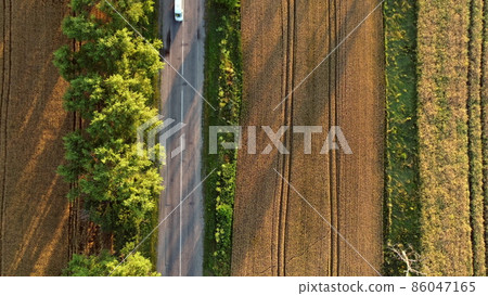 Aerial drone view flight over asphalt road with green trees Aerial drone view flight over asphalt road with green trees 86047165