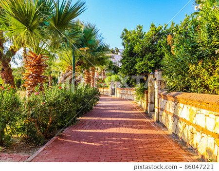 A beautiful street of a small town with tropical plants on the Mediterranean coast A beautiful street of a small town with tropical plants on the Mediterranean coast 86047221