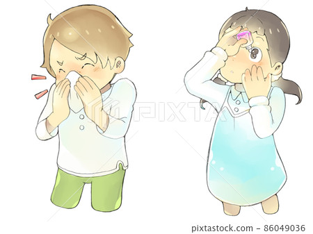 A boy who blows his nose with hay fever and a girl who puts eye drops 86049036