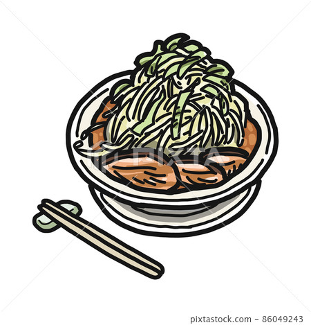 在碗中盛放的大拉麵的插圖。附上筷子。 86049243