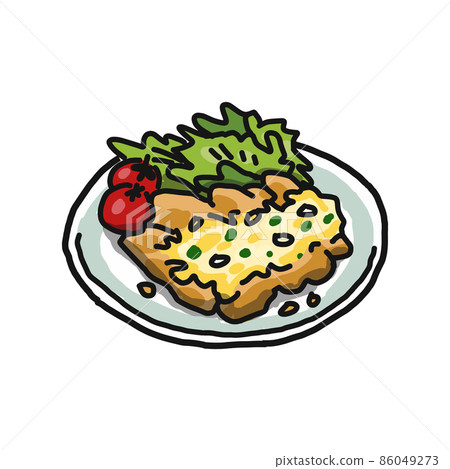 雞肉南蠻的插圖放在盤子裡。配生菜和櫻桃番茄。 86049273