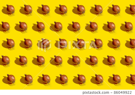Collage with ripe onion on yellow background Collage with ripe onion on yellow background 86049922