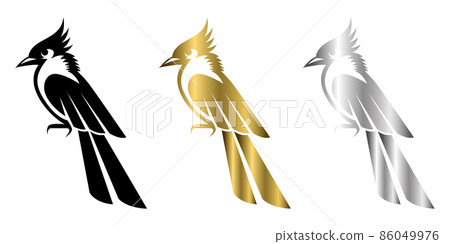 Three color black gold and silver Vector illustration on a white background of a small beautiful bird 86049976