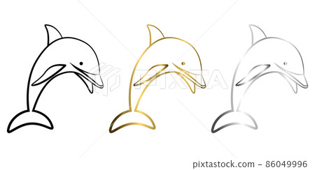 Three color black gold and silver Line art vector illustration of a dolphin 86049996