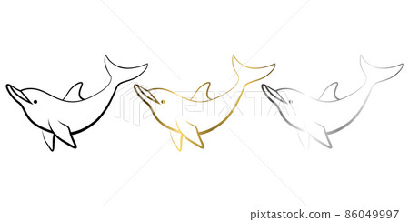 Three color black gold and silver Line art vector illustration of a dolphin 86049997