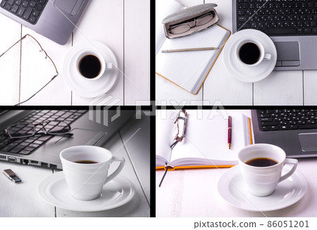 set of laptop, notebook with a cup of coffee and a pencil lying on a wooden table set of laptop, notebook with a cup of coffee and a pencil lying on a wooden table 86051201