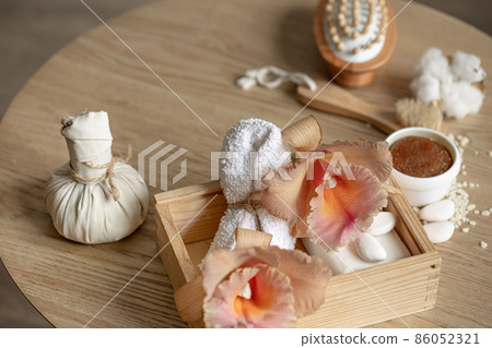 Spa composition with Thai orchid flowers and bath accessories. 86052321