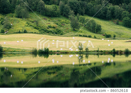 Jolster, Sogn Og Fjordane, Norway. Beautiful Summer Field Landscape With Hay Bales During Harvest. Farmland And Agricultural Landscape Reflected In Waters Haheimsvatnet Lake In Summer Day Jolster Jolster, Sogn Og Fjordane, Norway. Beautiful Summer Field Landscape With Hay Bales During Harvest. Farmland And Agricultural Landscape Reflected In Waters Haheimsvatnet Lake In Summer Day Jolster 86052618
