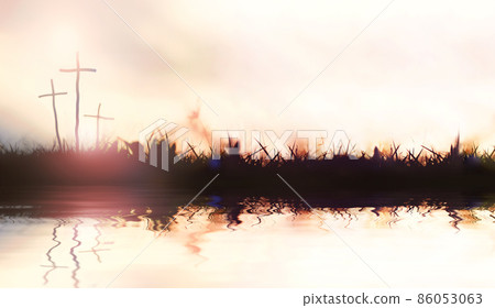 The holy cross of Jesus Christ by the calm waters and waves and space for text on a light background 86053063