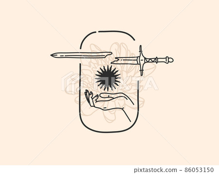 Hand drawn vector abstract stock flat graphic illustration with logo elements ,sword and sun , magic line art in simple style for branding ,isolated on white background Hand drawn vector abstract stock flat graphic illustration with logo elements ,sword and sun , magic line art in simple style for branding ,isolated on white background 86053150