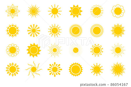 Bright sun icons set vector. Sunset logo in various design on white isolated background. Bright sun icons set vector. Sunset logo in various design on white isolated background. 86054167