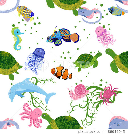Marine life, fish, animals bright seamless pattern. sea travel, underwater diving animal tropical fish. Jellyfish, whale, shark, seahorse, clown fish, dolphin, turtle emperor fish octopus stingray 86054945