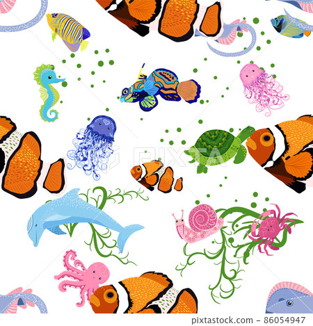 Marine life, fish, animals bright seamless pattern. sea travel, underwater diving animal tropical fish. Jellyfish, whale, shark, seahorse, clown fish, dolphin, turtle emperor fish octopus stingray Marine life, fish, animals bright seamless pattern. sea travel, underwater diving animal tropical fish. Jellyfish, whale, shark, seahorse, clown fish, dolphin, turtle emperor fish octopus stingray 86054947