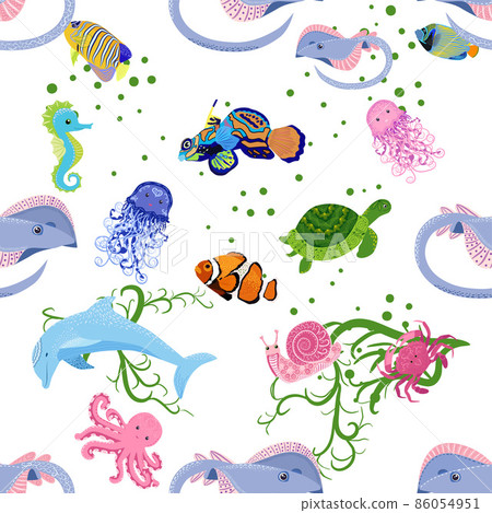 Marine life, fish, animals bright seamless pattern. sea travel, underwater diving animal tropical fish. Jellyfish, whale, shark, seahorse, clown fish, dolphin, turtle emperor fish octopus stingray Marine life, fish, animals bright seamless pattern. sea travel, underwater diving animal tropical fish. Jellyfish, whale, shark, seahorse, clown fish, dolphin, turtle emperor fish octopus stingray 86054951