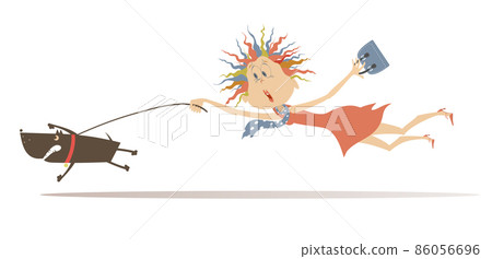 Funny woman and disobedient dog illustration. Cartoon young woman tries to stop an angry dog isolated on white 86056696