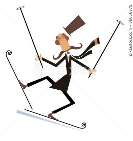 Cartoon mustache man in the top hat a skier illustration. Long mustache gentleman in the top hat is skiing isolated on white illustration Cartoon mustache man in the top hat a skier illustration. Long mustache gentleman in the top hat is skiing isolated on white illustration 86056978