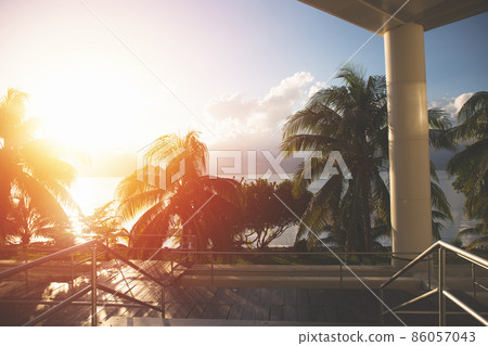 View on caribbean nature with palm trees and tropical lake Nichupte lagoon, Cancun 86057043