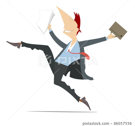 Happy running businessman with papers and bag illustration. Smiling person glad to success or the end of work isolated on white background 86057556