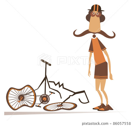 Cyclist and a broken bike isolated illustration. Sad long mustache man standing near a broken bike with downcast hands isolated on white background 86057558